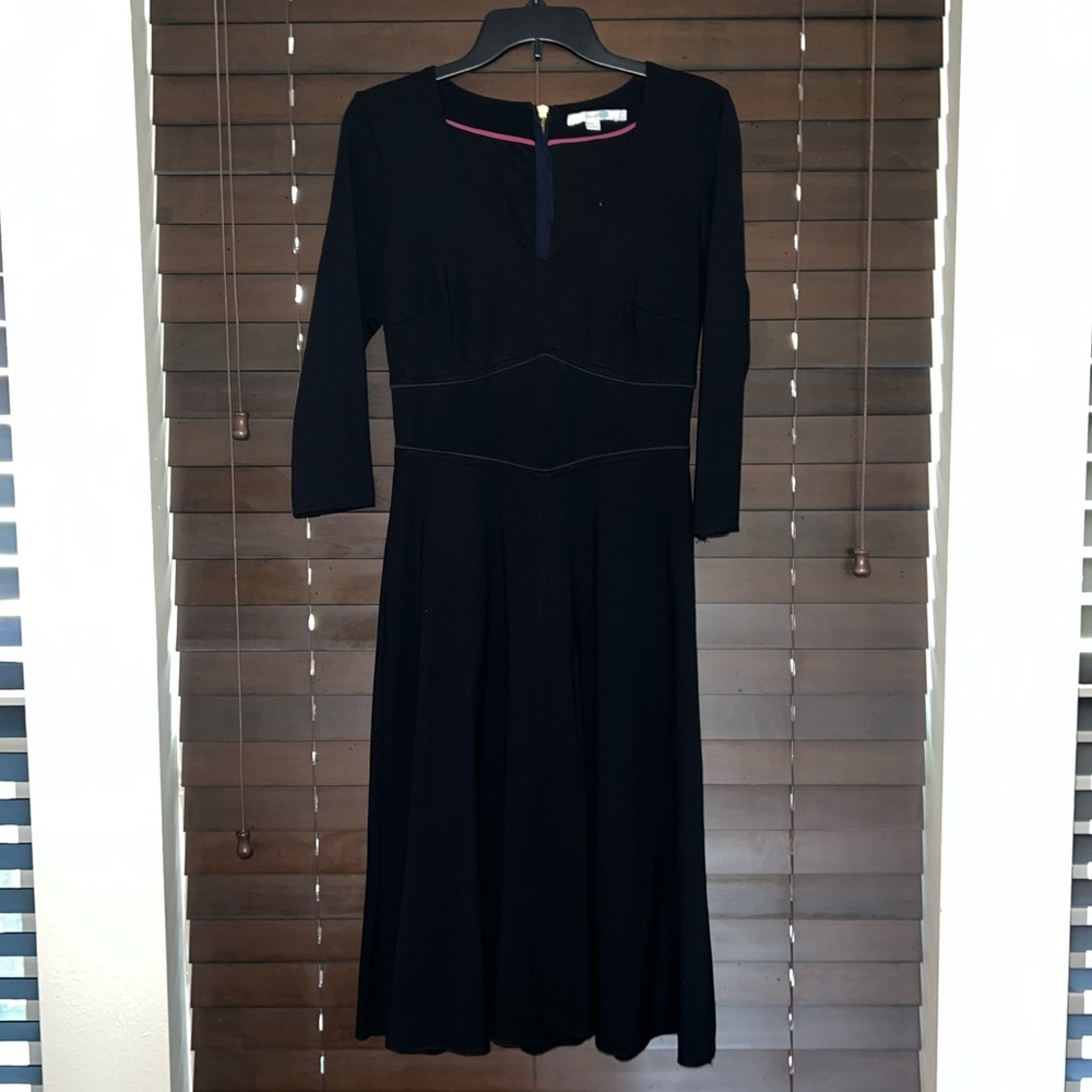 Boden Black Midi Dress with Navy Trim & Zipper